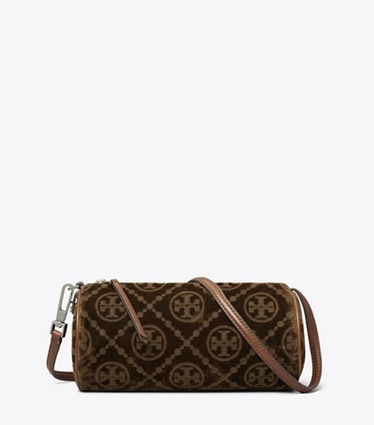 Tory Burch designer shoulder bags T Monogram Flocked Cylinder Bag in Sun Beige front