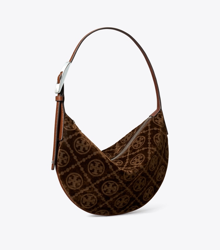 Tory Burch designer shoulder bags T Monogram Flocked Small Balloon Bag in Sun Beige angle