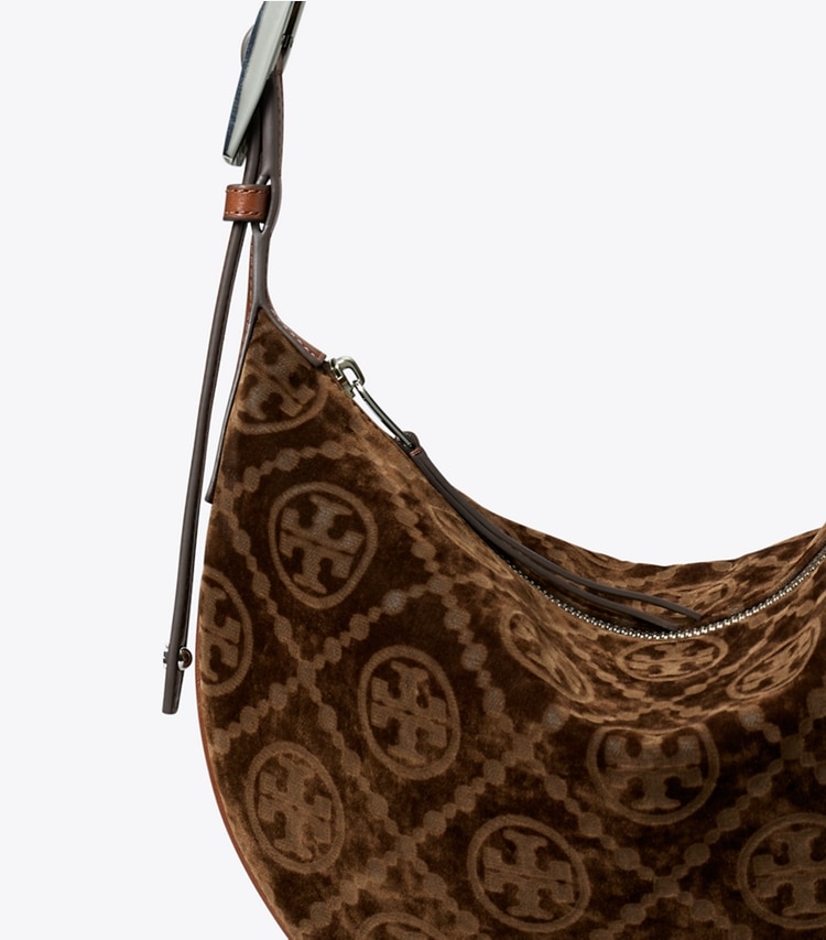 Tory Burch designer shoulder bags T Monogram Flocked Small Balloon Bag in Sun Beige detail