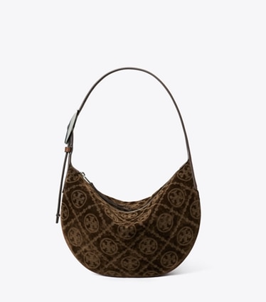 Tory Burch designer shoulder bags T Monogram Flocked Small Balloon Bag in Sun Beige front