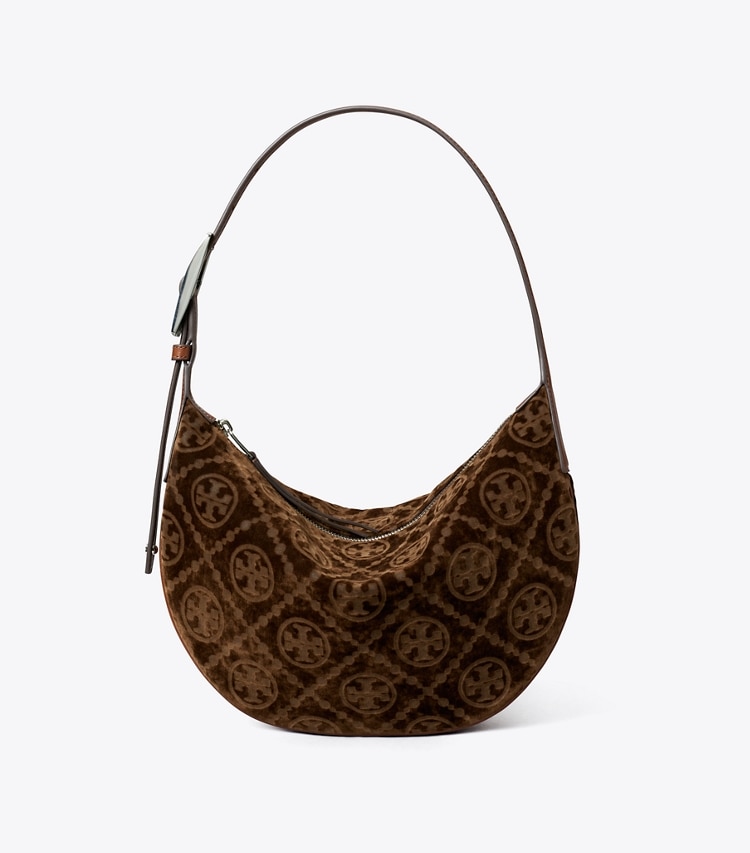 Tory Burch designer shoulder bags T Monogram Flocked Small Balloon Bag in Sun Beige front