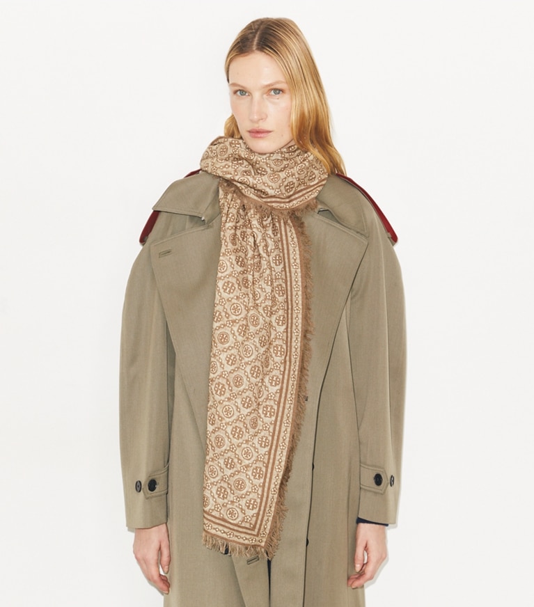Tory Burch designer scarves T Monogram Floral Oblong Scarf in Chocolate T Monogram accessory on model