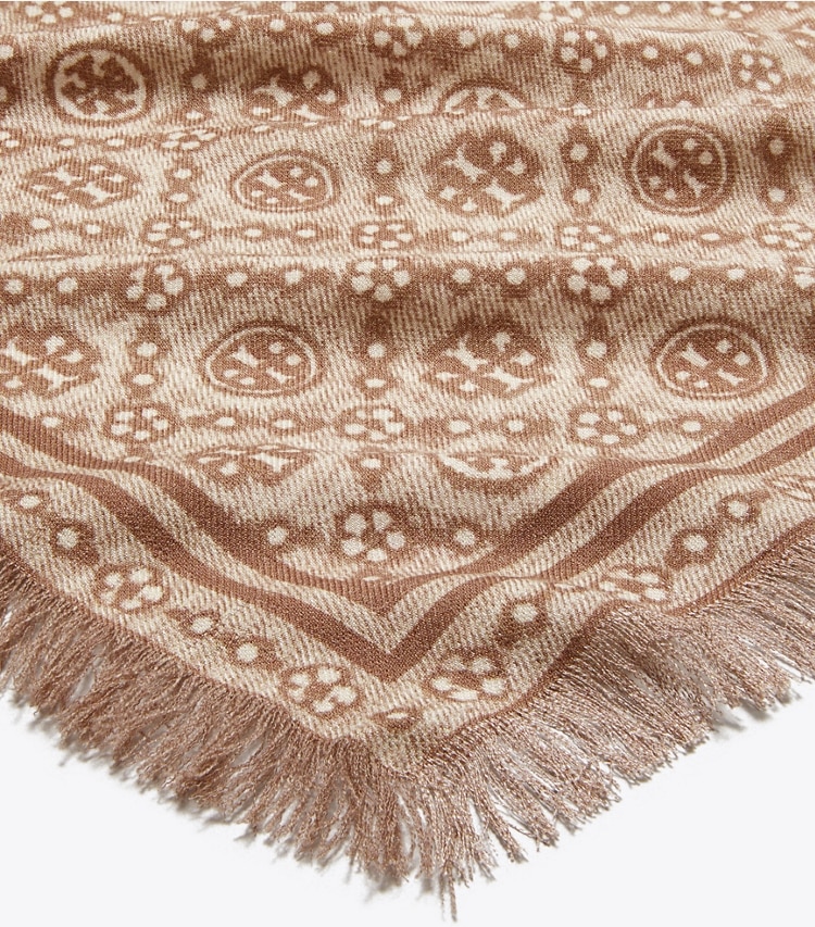 Tory Burch designer scarves T Monogram Floral Oblong Scarf in Chocolate T Monogram detail