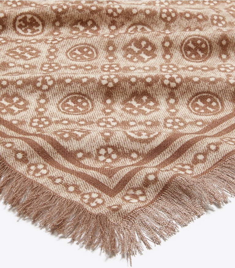 Tory Burch designer scarves T Monogram Floral Oblong Scarf in Chocolate T Monogram detail