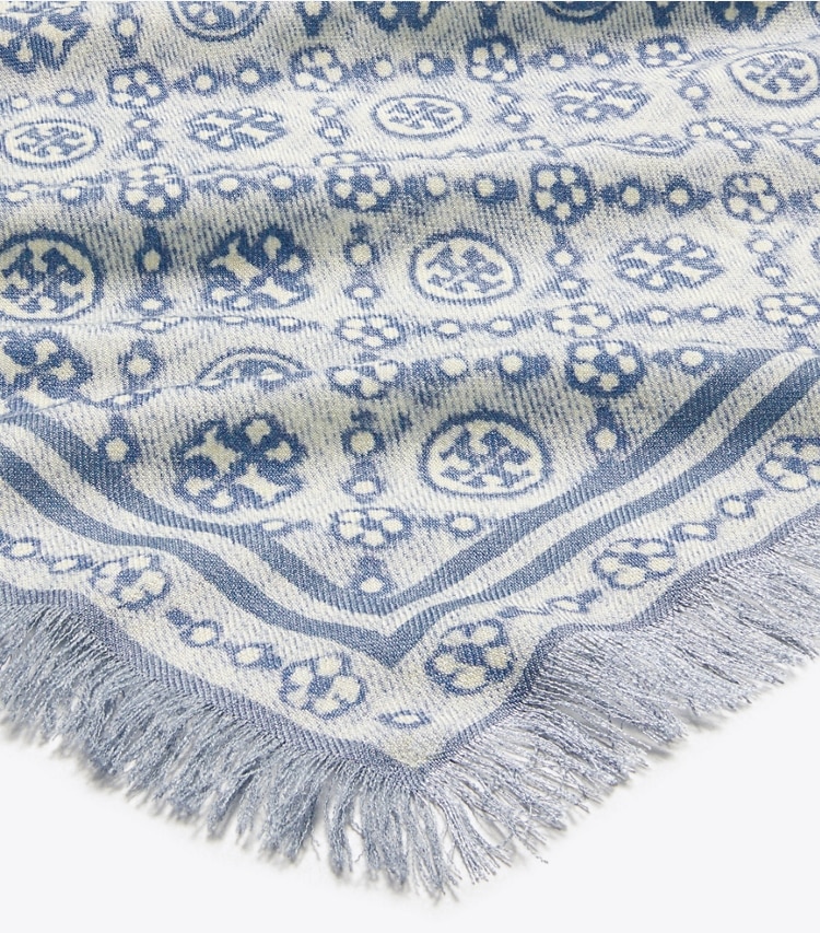 Tory Burch designer scarves T Monogram Floral Oblong Scarf in Blue T Monogram detail