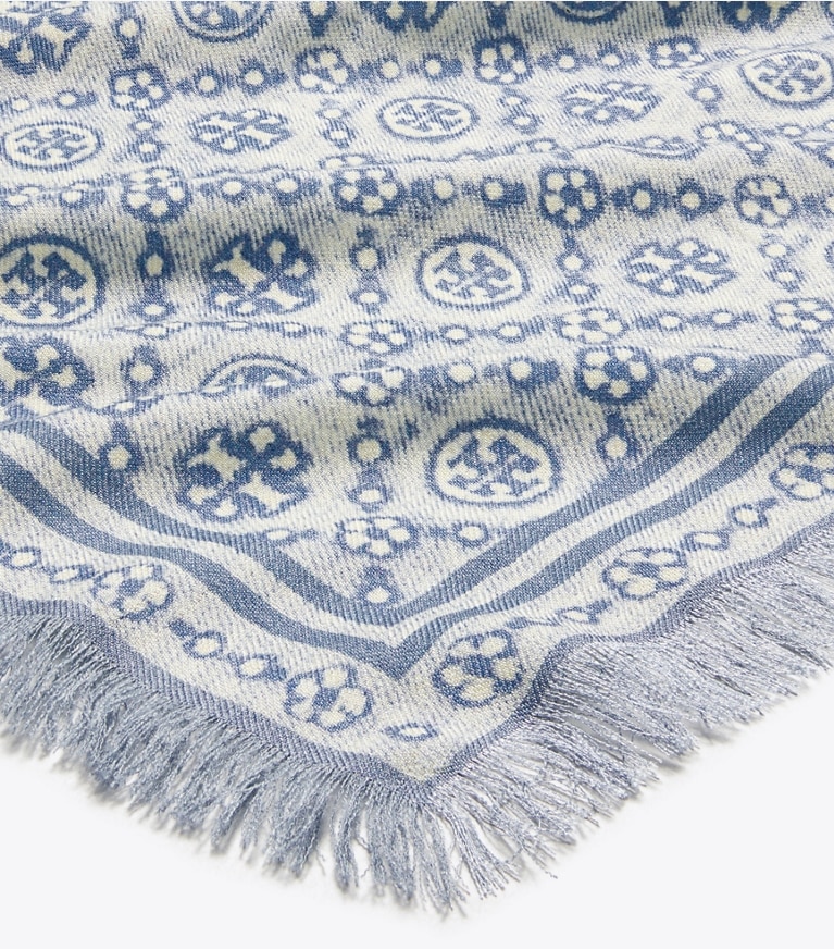 Tory Burch designer scarves T Monogram Floral Oblong Scarf in Blue T Monogram detail