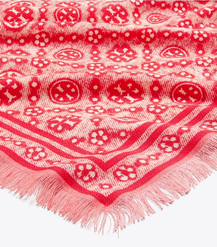 Tory Burch designer scarves T Monogram Floral Oblong Scarf in Red T Monogram detail