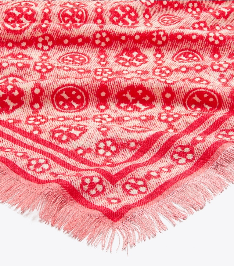 Tory Burch designer scarves T Monogram Floral Oblong Scarf in Red T Monogram detail