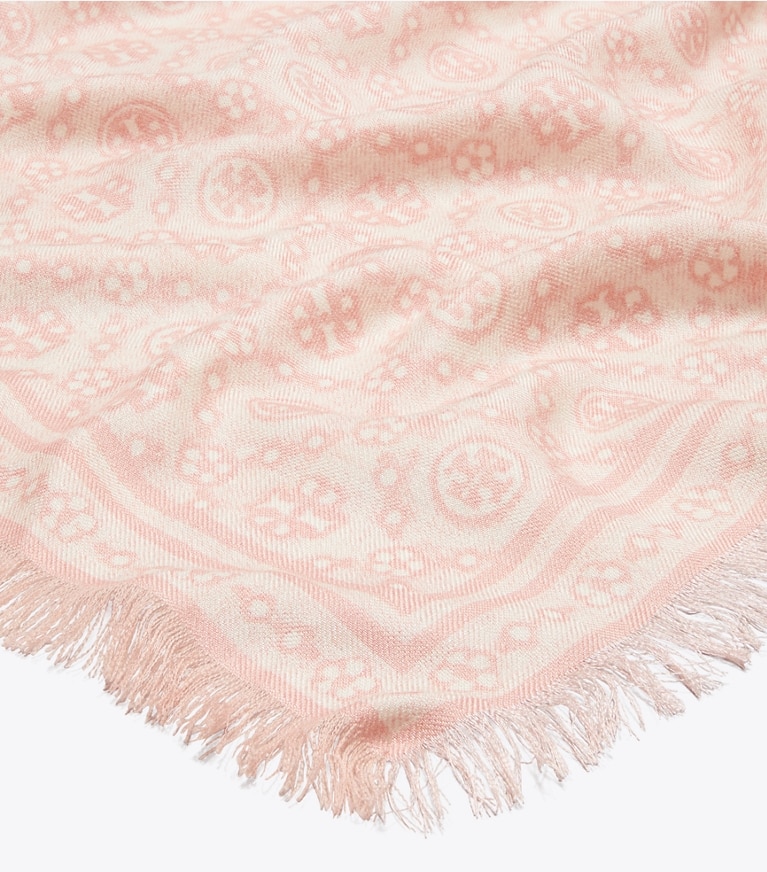 Tory Burch designer scarves T Monogram Floral Oblong Scarf in Pink T Monogram detail