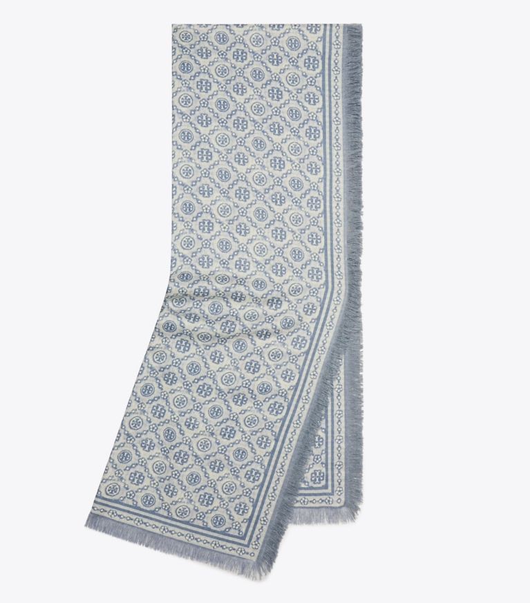 Tory Burch designer scarves T Monogram Floral Oblong Scarf in Blue T Monogram folded