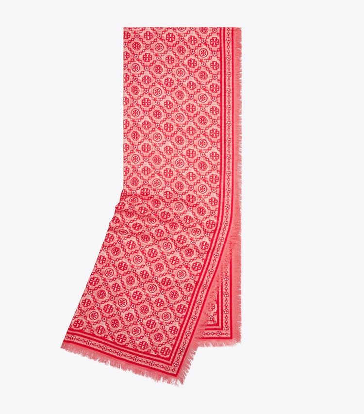 Tory Burch designer scarves T Monogram Floral Oblong Scarf in Red T Monogram folded
