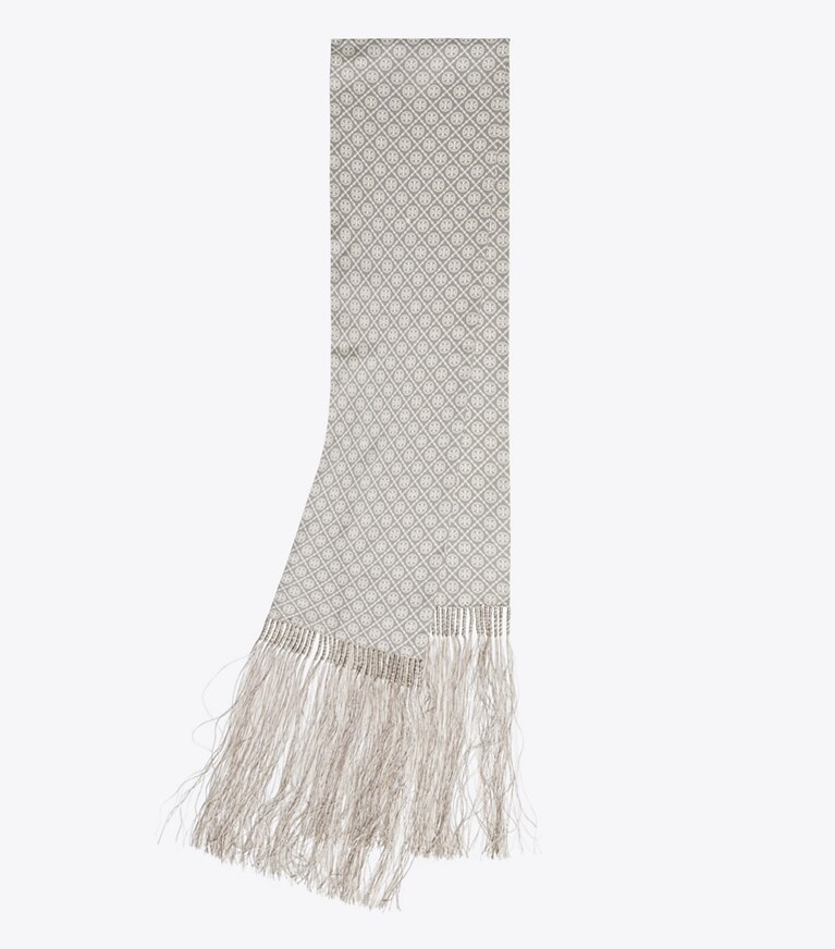 Tory Burch designer scarves T Monogram Fringed Oblong Scarf in Mini T Monogram Grey folded