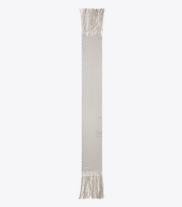 Tory Burch designer scarves T Monogram Fringed Oblong Scarf in Mini T Monogram Grey overhead