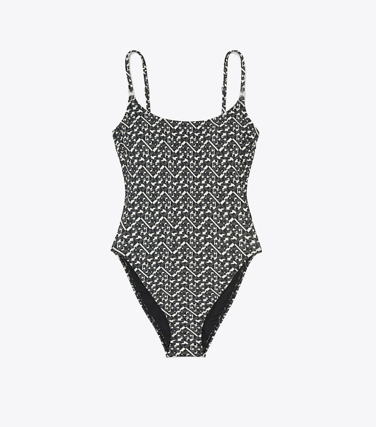 Tory Burch designer one pieces T Monogram Gemini Link Swimsuit in Black Prismatic T Monogram Small front