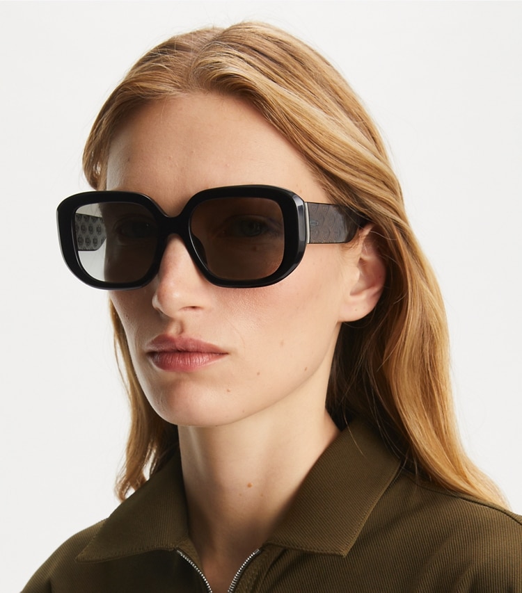 Tory Burch designer sunglasses & eyewear T Monogram Geometric Sunglasses in MILKY GREEN/GREEN GRADIENT accessory on model