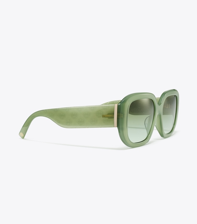 Tory Burch designer sunglasses & eyewear T Monogram Geometric Sunglasses in MILKY GREEN/GREEN GRADIENT detail