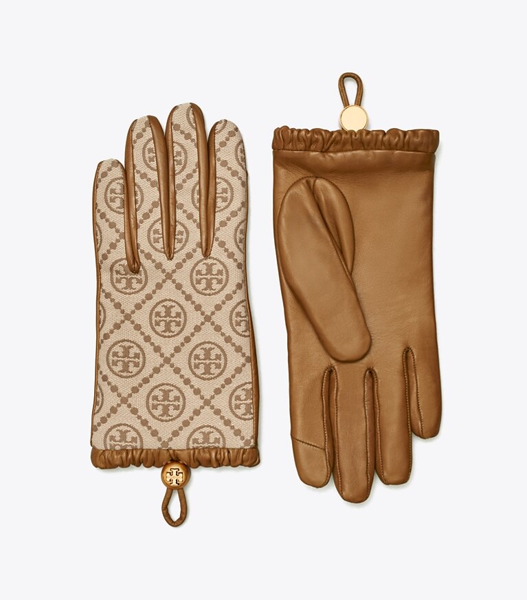 Tory Burch designer gloves T Monogram Gloves in Hazel / Bistro Brown front