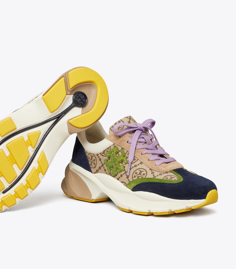 Tory Burch designer sneakers T Monogram Good Luck Trainer in Hazel T Monogram / SHISO / PERFECT NAVY angle