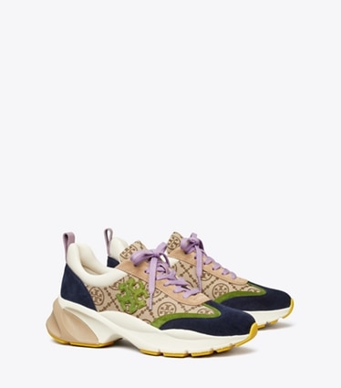 Tory Burch designer sneakers T Monogram Good Luck Trainer in Hazel T Monogram / SHISO / PERFECT NAVY angle