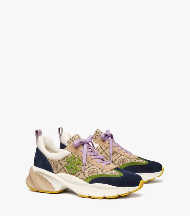 Tory Burch designer sneakers T Monogram Good Luck Trainer in Hazel T Monogram / SHISO / PERFECT NAVY angle