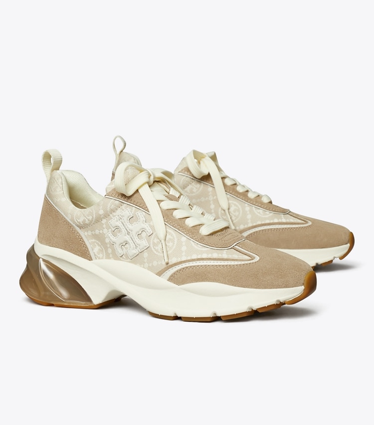 Tory Burch designer sneakers T Monogram Good Luck Trainer in BIRCH / AVOLA angle