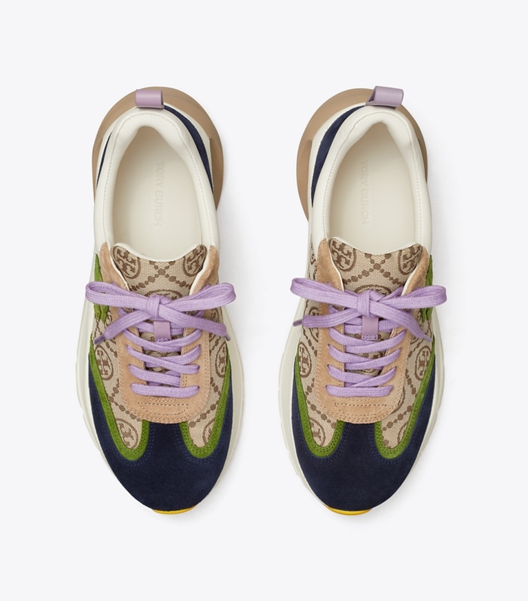 Tory Burch designer sneakers T Monogram Good Luck Trainer in Hazel T Monogram / SHISO / PERFECT NAVY angle