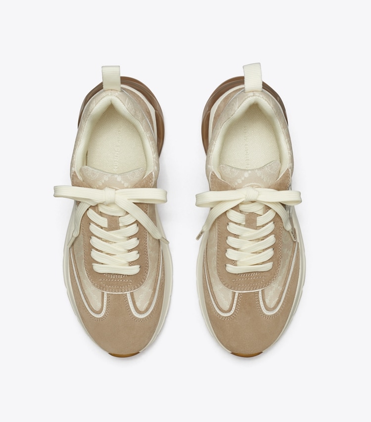 Tory Burch designer sneakers T Monogram Good Luck Trainer in BIRCH / AVOLA overhead
