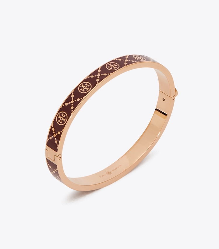 Tory Burch designer bracelets T Monogram Hinge Bracelet in Rose Gold / Burgundy detail