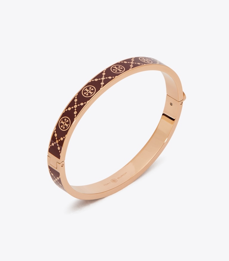Tory Burch designer bracelets T Monogram Hinge Bracelet in Rose Gold / Burgundy front
