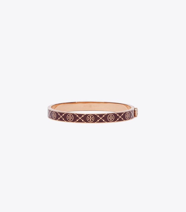 Tory Burch designer bracelets T Monogram Hinge Bracelet in Rose Gold / Burgundy front