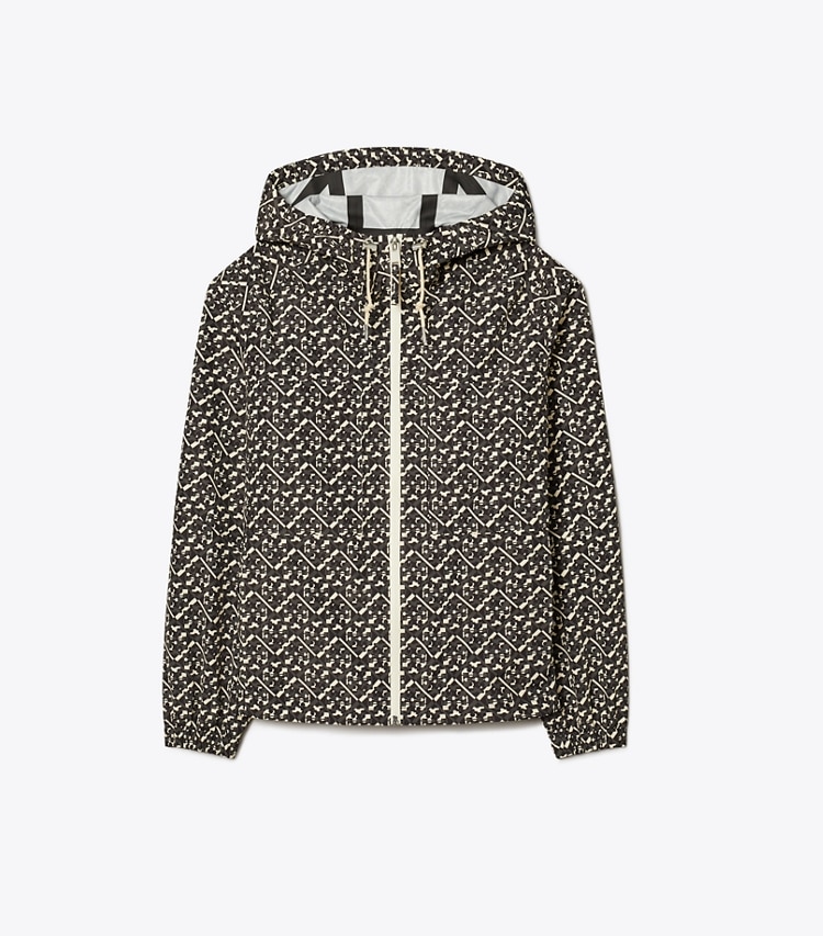 Tory Sport designer jackets T Monogram Hooded Anorak in Black Prismatic T Monogram Small front