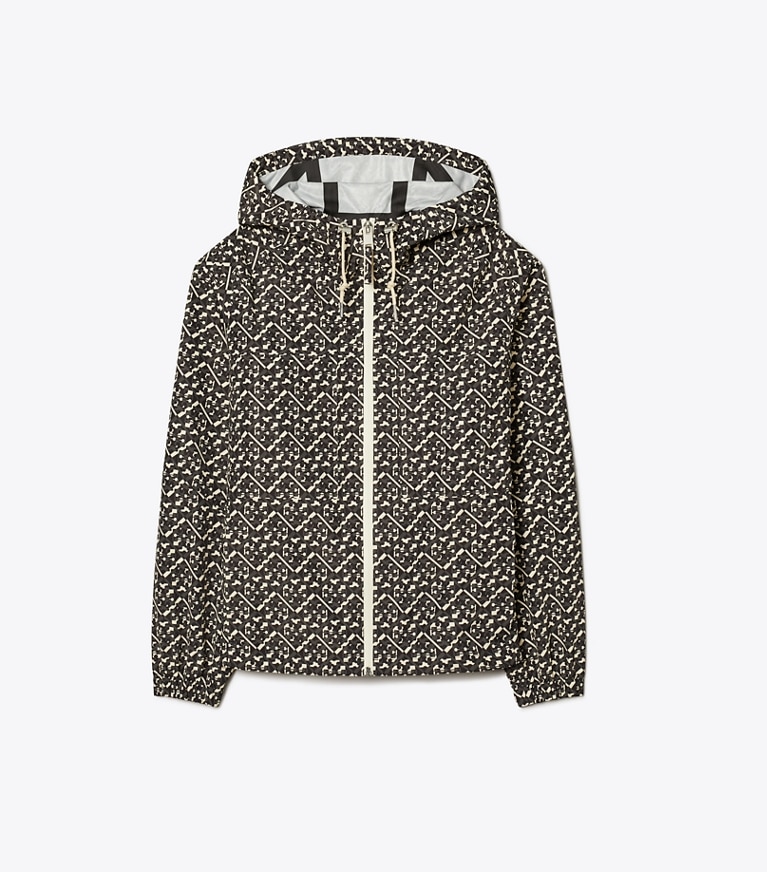 Tory Sport designer jackets T Monogram Hooded Anorak in Black Prismatic T Monogram Small front