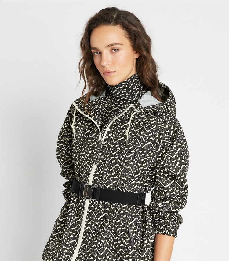 Tory Sport designer jackets T Monogram Hooded Anorak in Black Prismatic T Monogram Small on model detail