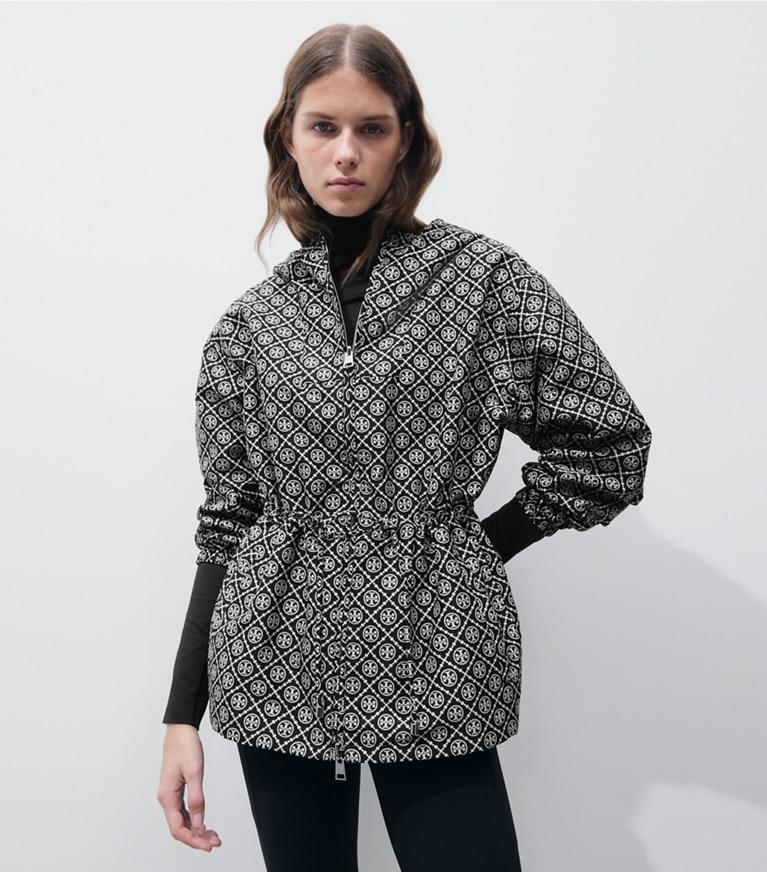 Tory Sport designer jackets T Monogram Jacquard Anorak in Black T MONOGRAM SMALL SPORT on model detail