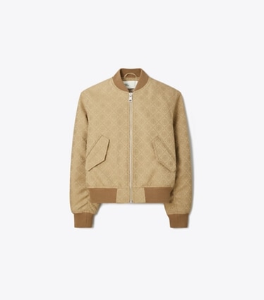 Tory Burch designer jackets T Monogram Jacquard Bomber Jacket in Taupe Gray T MONOGRAM SMALL SPORT front