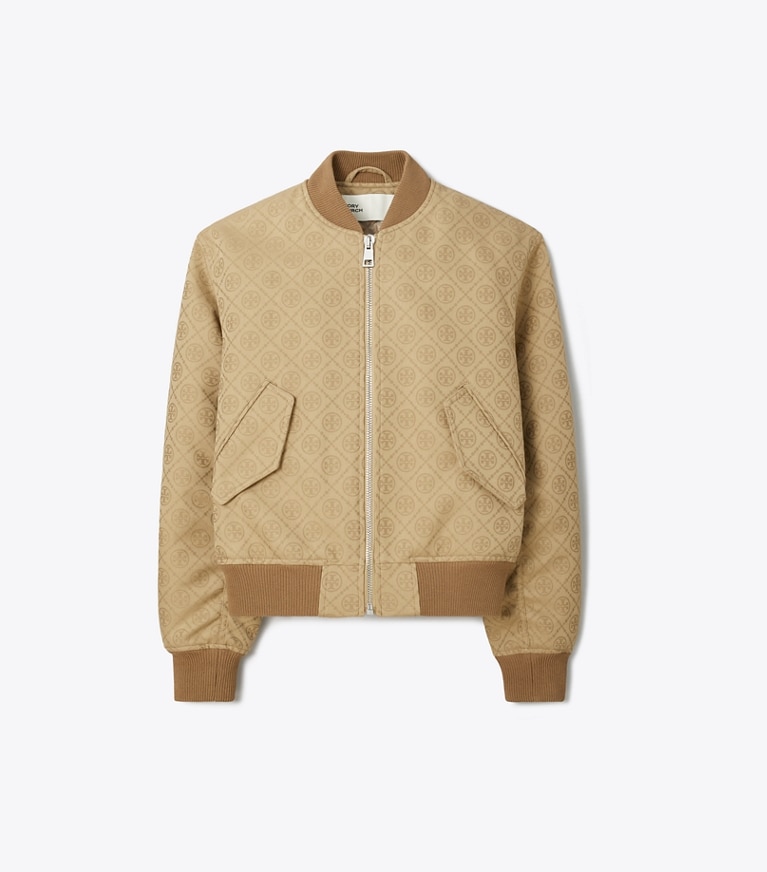 Tory Burch designer jackets T Monogram Jacquard Bomber Jacket in Taupe Gray T MONOGRAM SMALL SPORT front