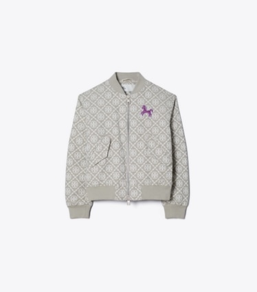 Tory Burch designer ジャケット Tモノグラム ジャガード ボンバージャケット in Gray / Magenta front