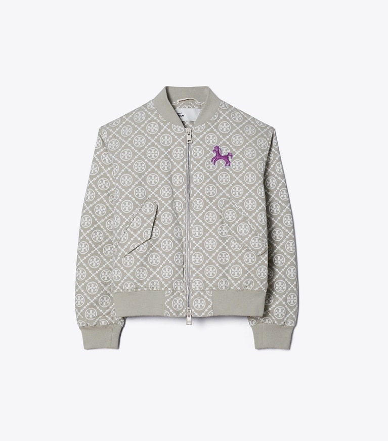 Tory Burch designer ジャケット Tモノグラム ジャガード ボンバージャケット in Gray / Magenta front