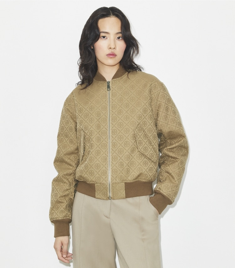 Tory Burch designer jackets T Monogram Jacquard Bomber Jacket in Taupe Gray T MONOGRAM SMALL SPORT on model detail