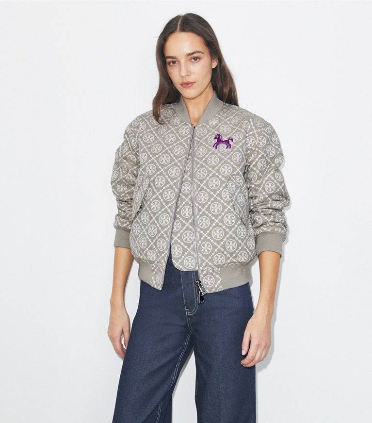 Tory Burch designer ジャケット Tモノグラム ジャガード ボンバージャケット in Gray / Magenta front