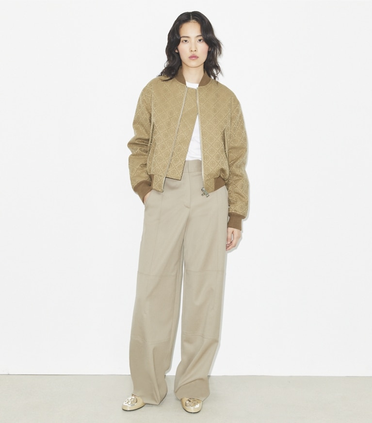Tory Burch designer jackets T Monogram Jacquard Bomber Jacket in Taupe Gray T MONOGRAM SMALL SPORT front