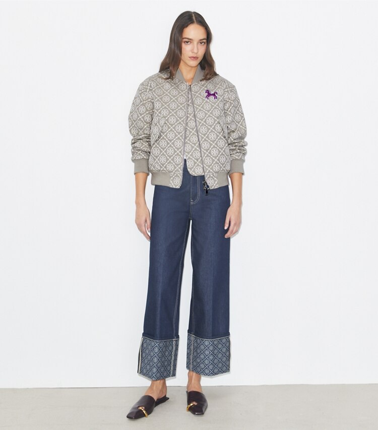 Tory Burch designer ジャケット Tモノグラム ジャガード ボンバージャケット in Gray / Magenta モデル前面