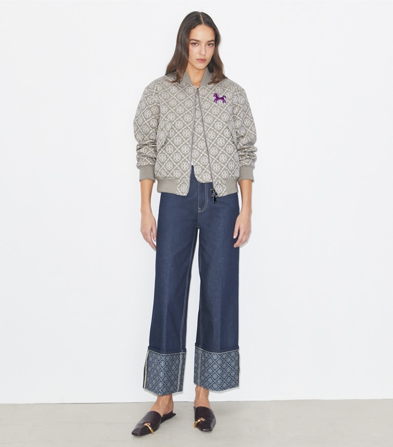 Tory Burch designer ジャケット Tモノグラム ジャガード ボンバージャケット in Gray / Magenta front