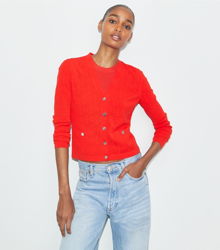 Tory Burch designer sweaters T Monogram Jacquard Cardigan in Blazing Red front