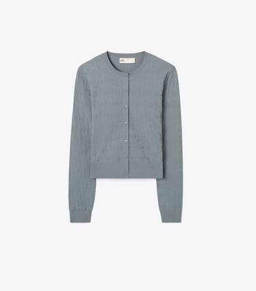 Tory Burch designer sweaters T Monogram Jacquard Cardigan in Icicle Gray front