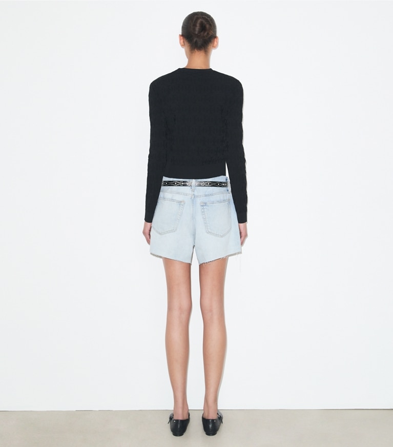 Tory Burch designer セーター Tモノグラム ジャガード カーディガン in BLACK on model back