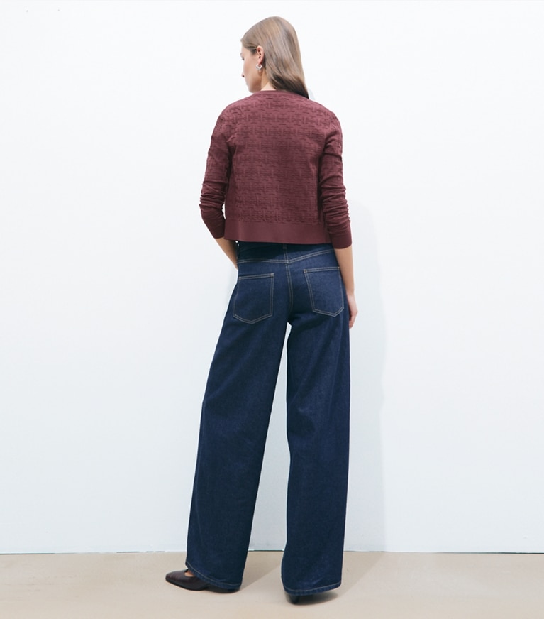 Tory Burch designer sweaters T Monogram Jacquard Cardigan in Mahogany on model back