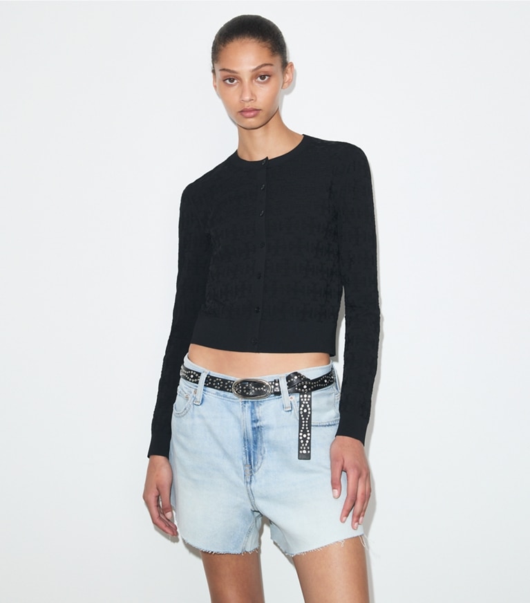 Tory Burch designer セーター Tモノグラム ジャガード カーディガン in BLACK on model detail