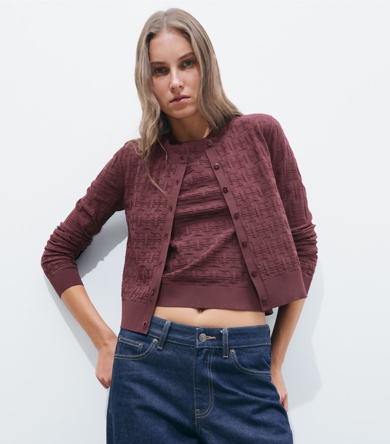 Tory Burch designer sweaters T Monogram Jacquard Cardigan in Mahogany on model detail