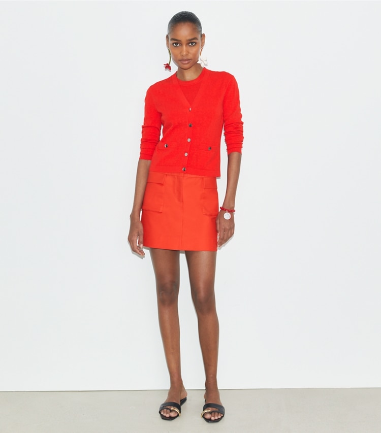 Tory Burch designer sweaters T Monogram Jacquard Cardigan in Blazing Red on model front
